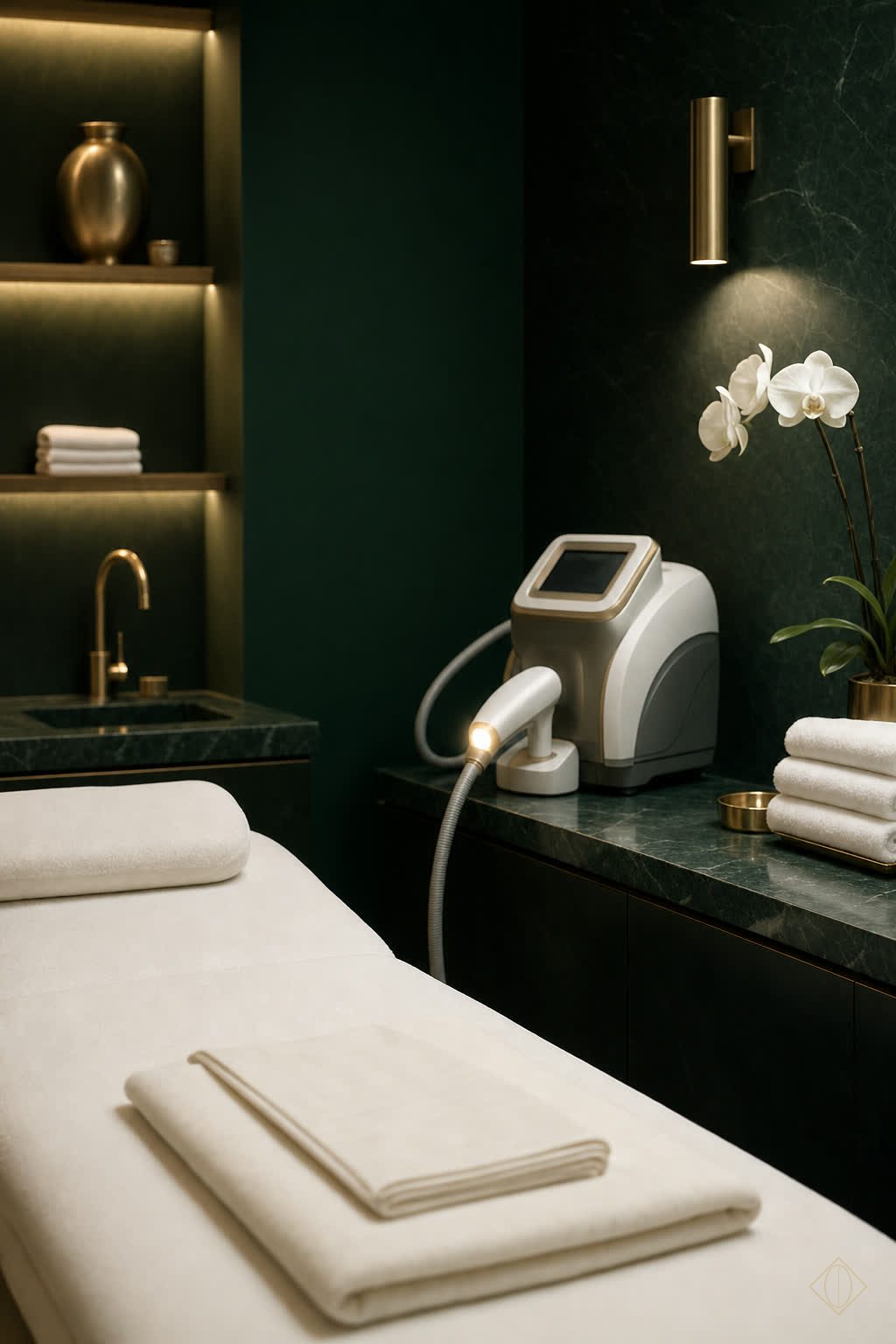 Emerald and gold laser treatment room at Tu Es Belle Spa in Houston, with a laser hair removal device, folded ivory linens and an orchid