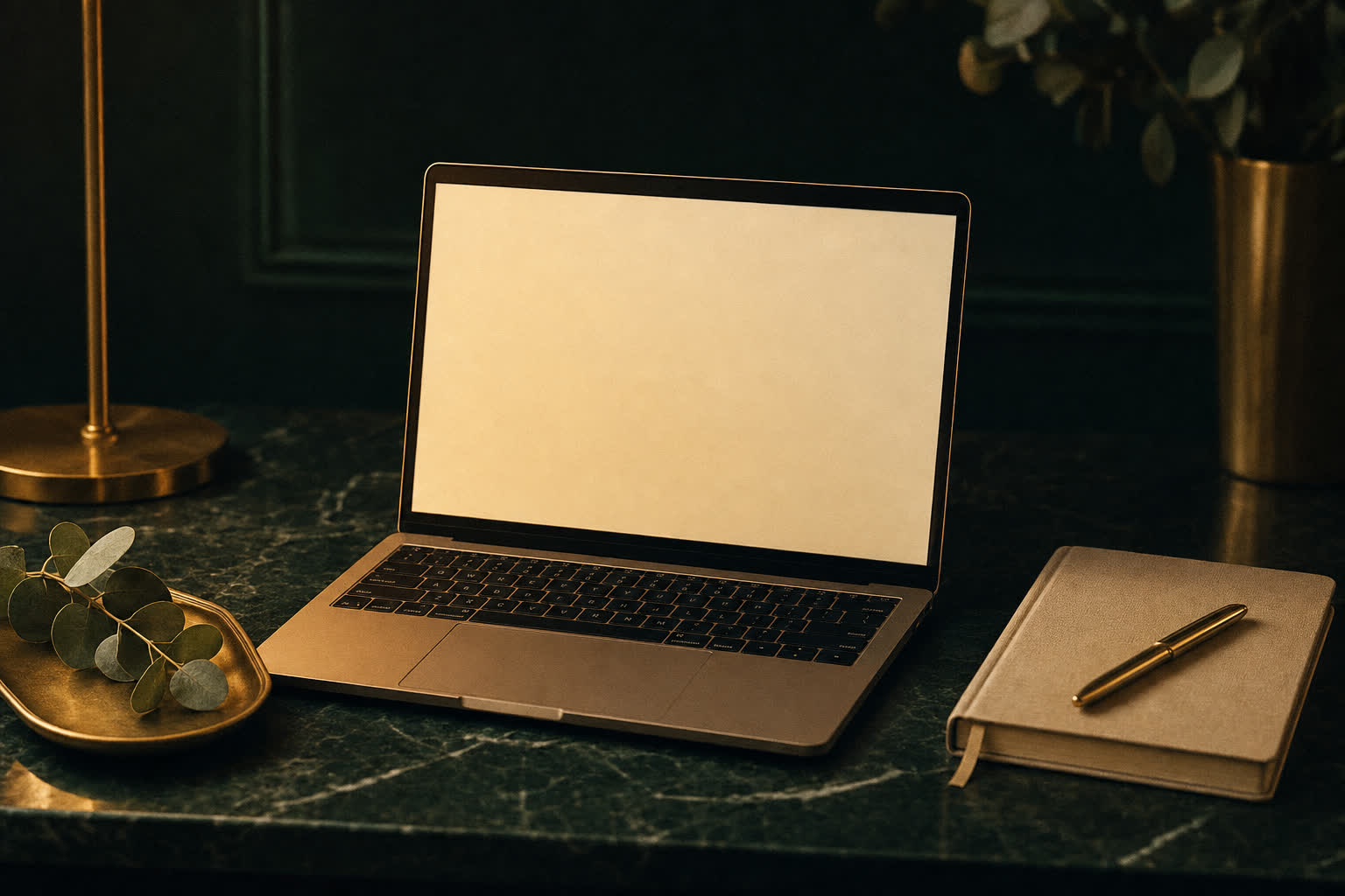 A laptop showing online Texas CE coursework on an emerald marble desk beside a linen notebook and gold pen